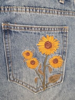 Women's Light Blue Denim Jeans with Sunflower Embroidery